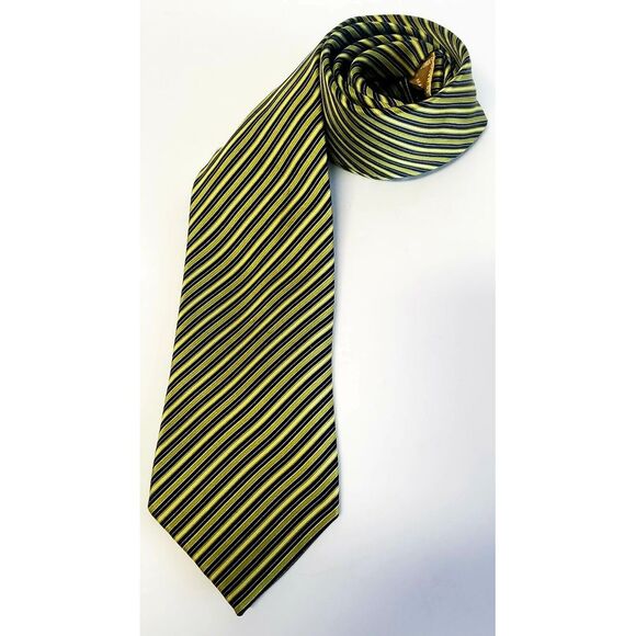 Countess Mara Tie Gold/ Green / Navy Diagonal Stripe 100% Silk w/ Crown Logo - Picture 2 of 15
